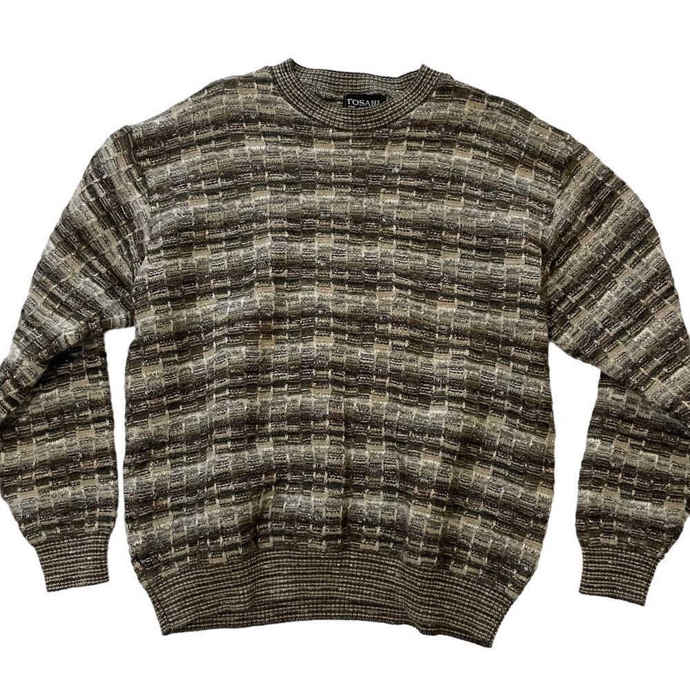 Tosani Mens Crewneck Sweater XL Vintage Beige Earth Tones Coogi Style Knitted